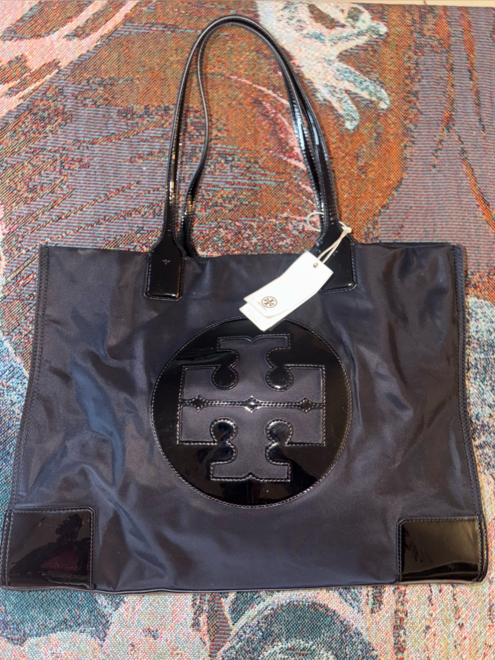 Tory Burch Black Ella Nylon Tote with Patent Logo and Handles - Picture 1 of 7